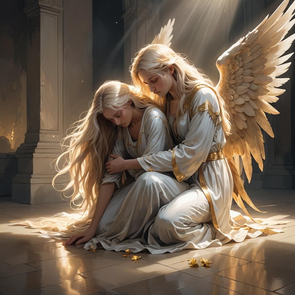 Ethereal Angel Comforting Grieving Woman: Digital Illustrati...