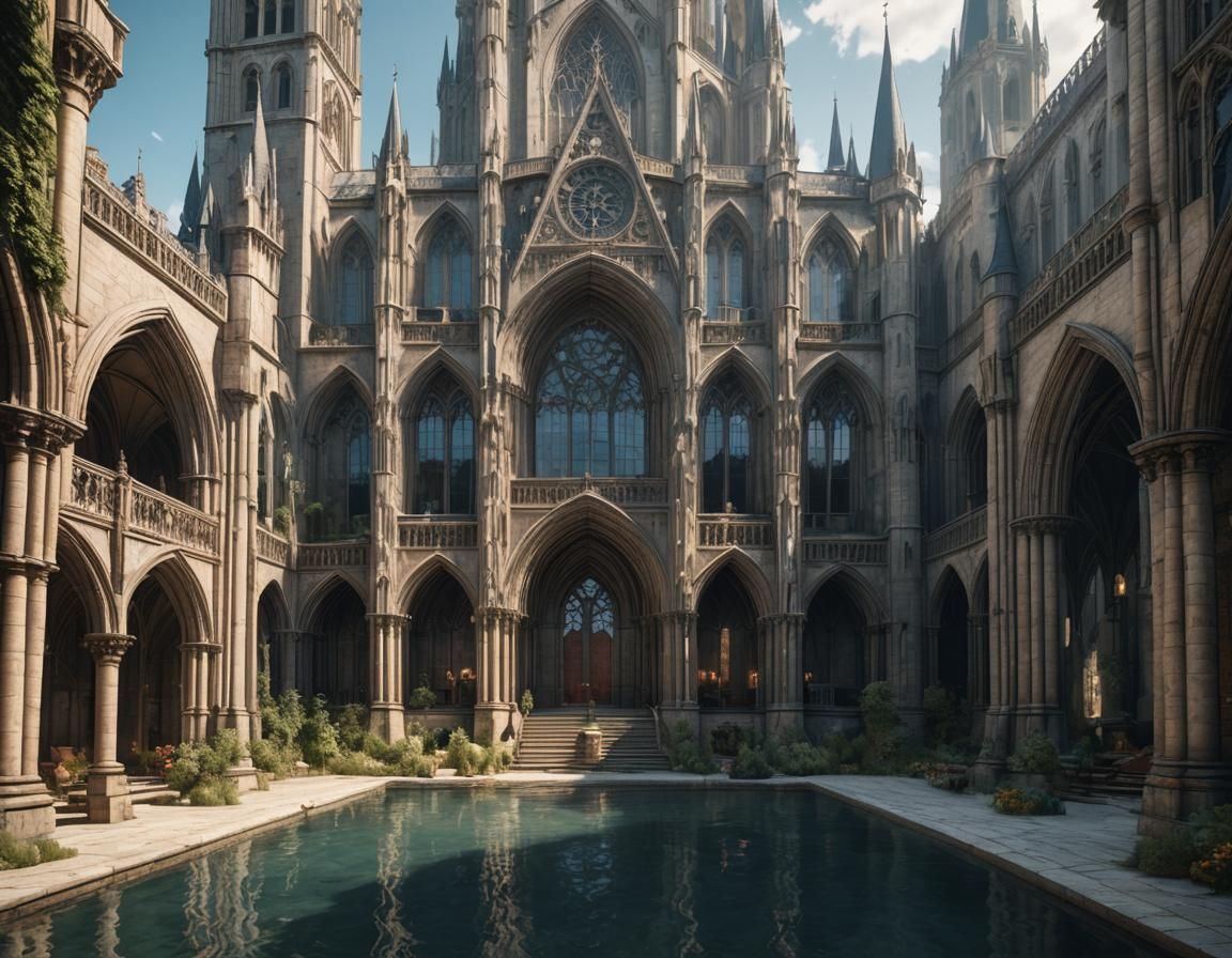 Cathedral Inside Gothic Castle with Pool, Fantasy Art