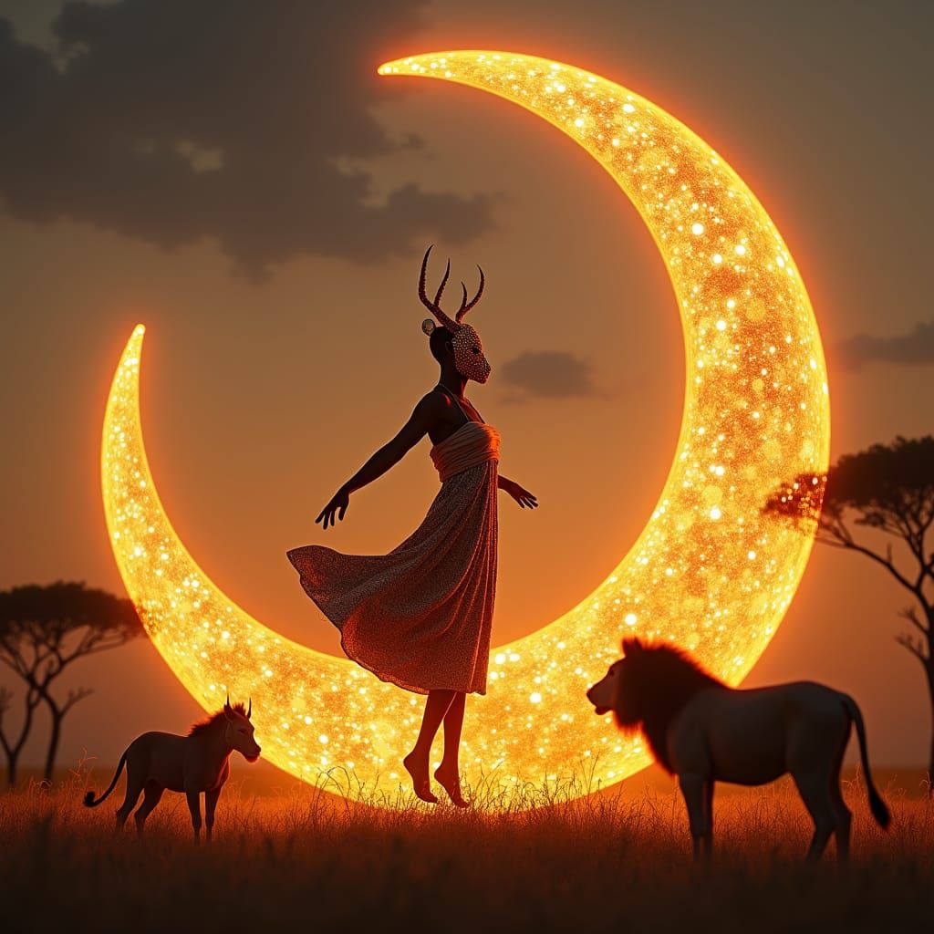 African Dancer on Amber Crescent in Savanna Twilight