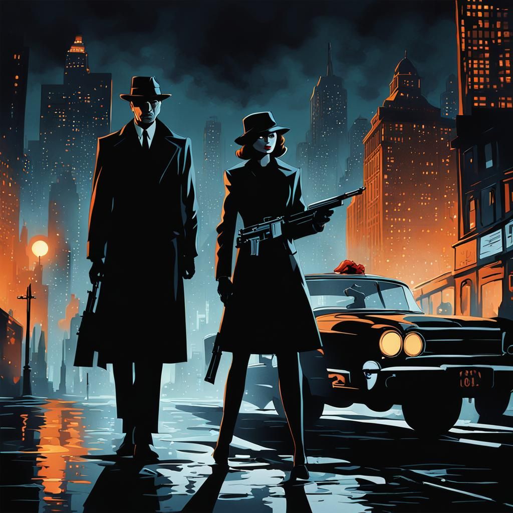 Film Noir Crime Lord and Agent in Cityscape