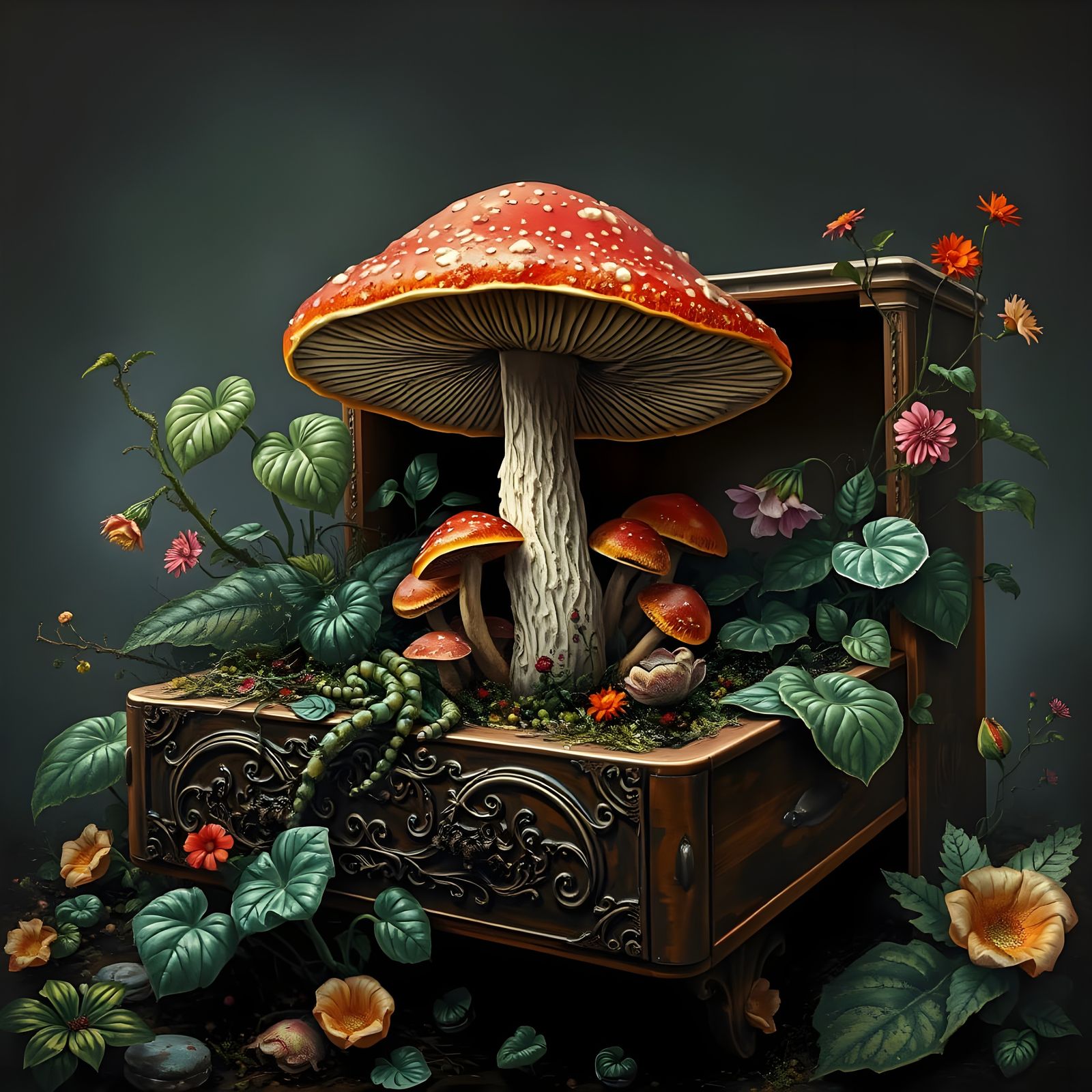 Surreal Mushroom Drawer: Oil Painting Style