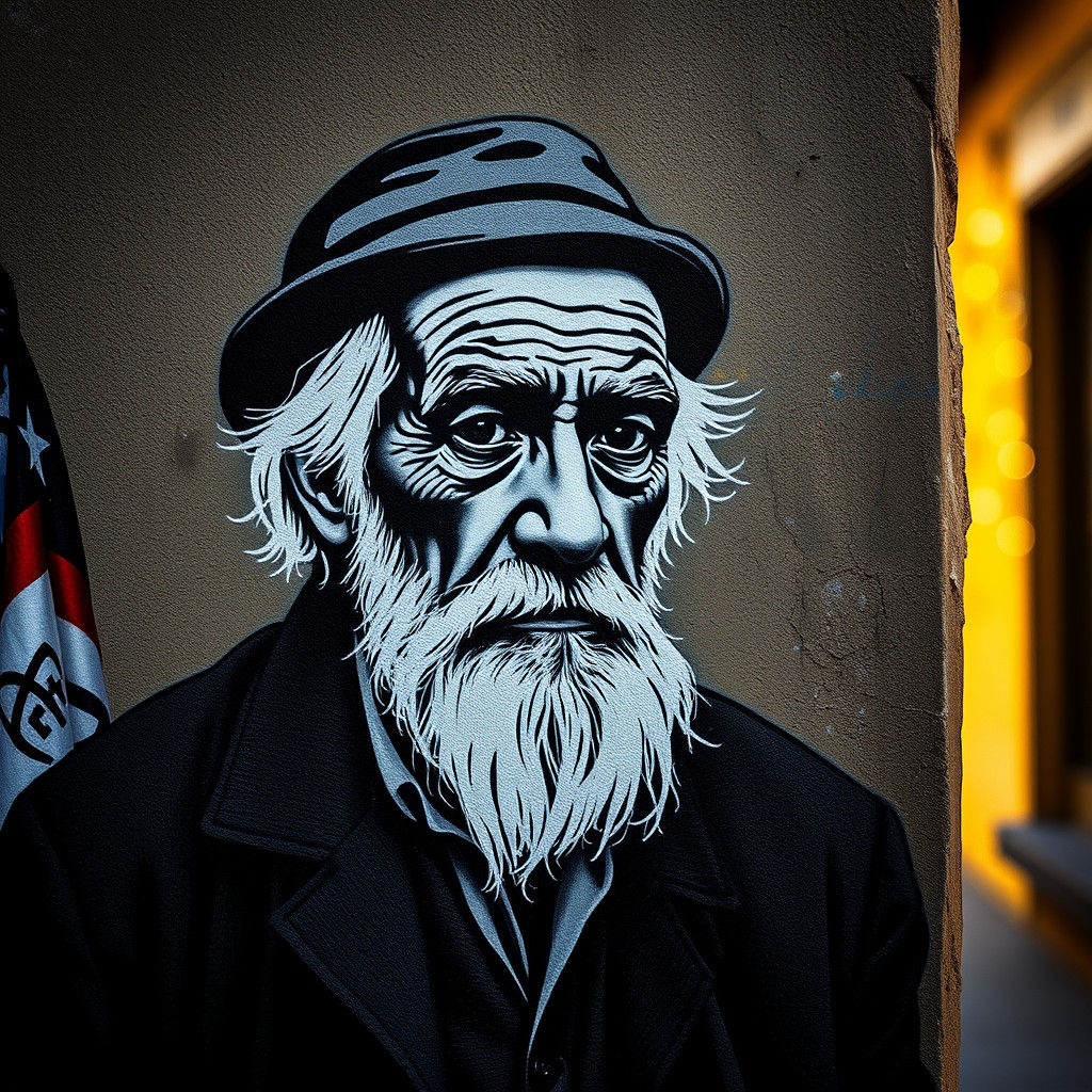 Banksy Style Street Art of an Old Man