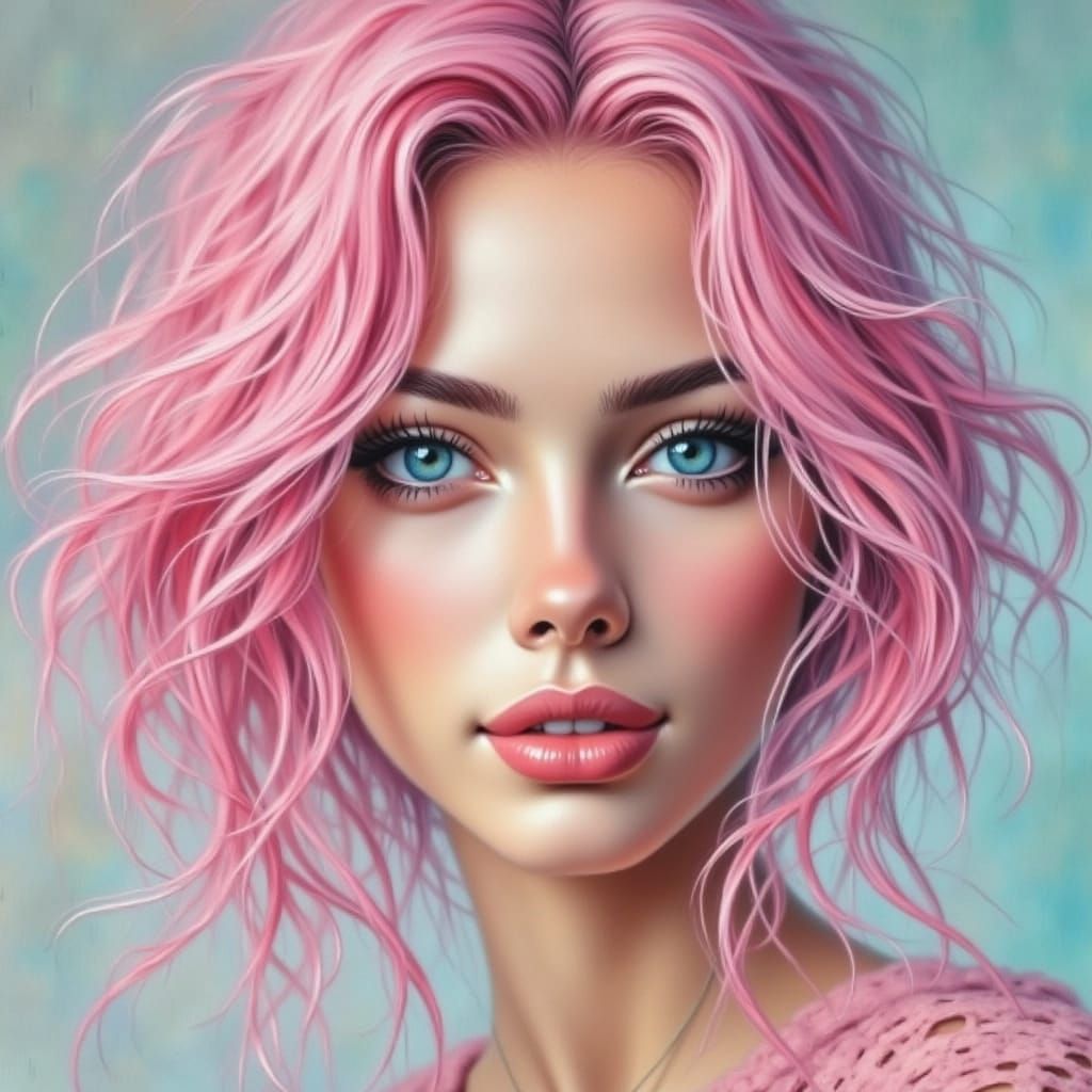 Vibrant Woman with Pink Hair and Piercing Blue Eyes