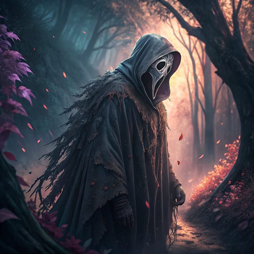 Ethereal Hooded Figure Amidst Mystical Realm