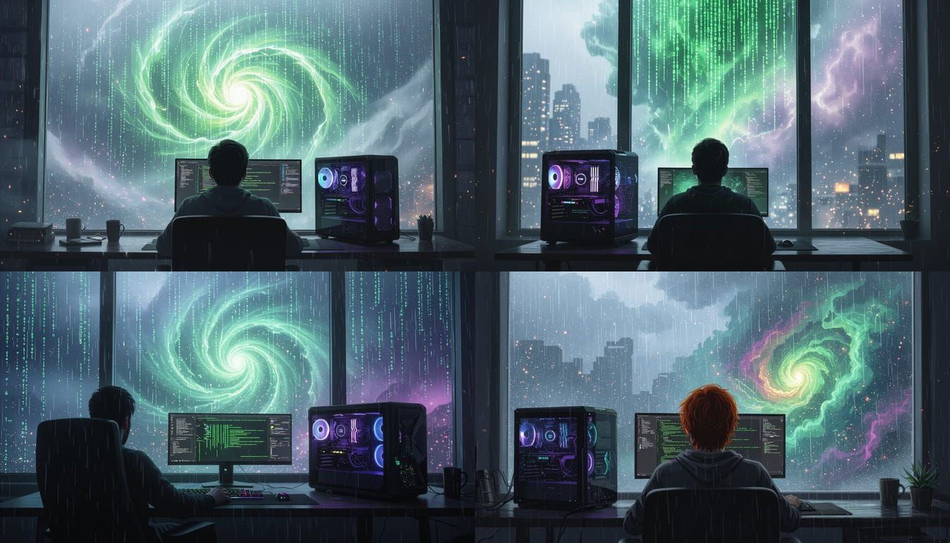 Man Watches Cosmic Rain on Matrix-Code Window