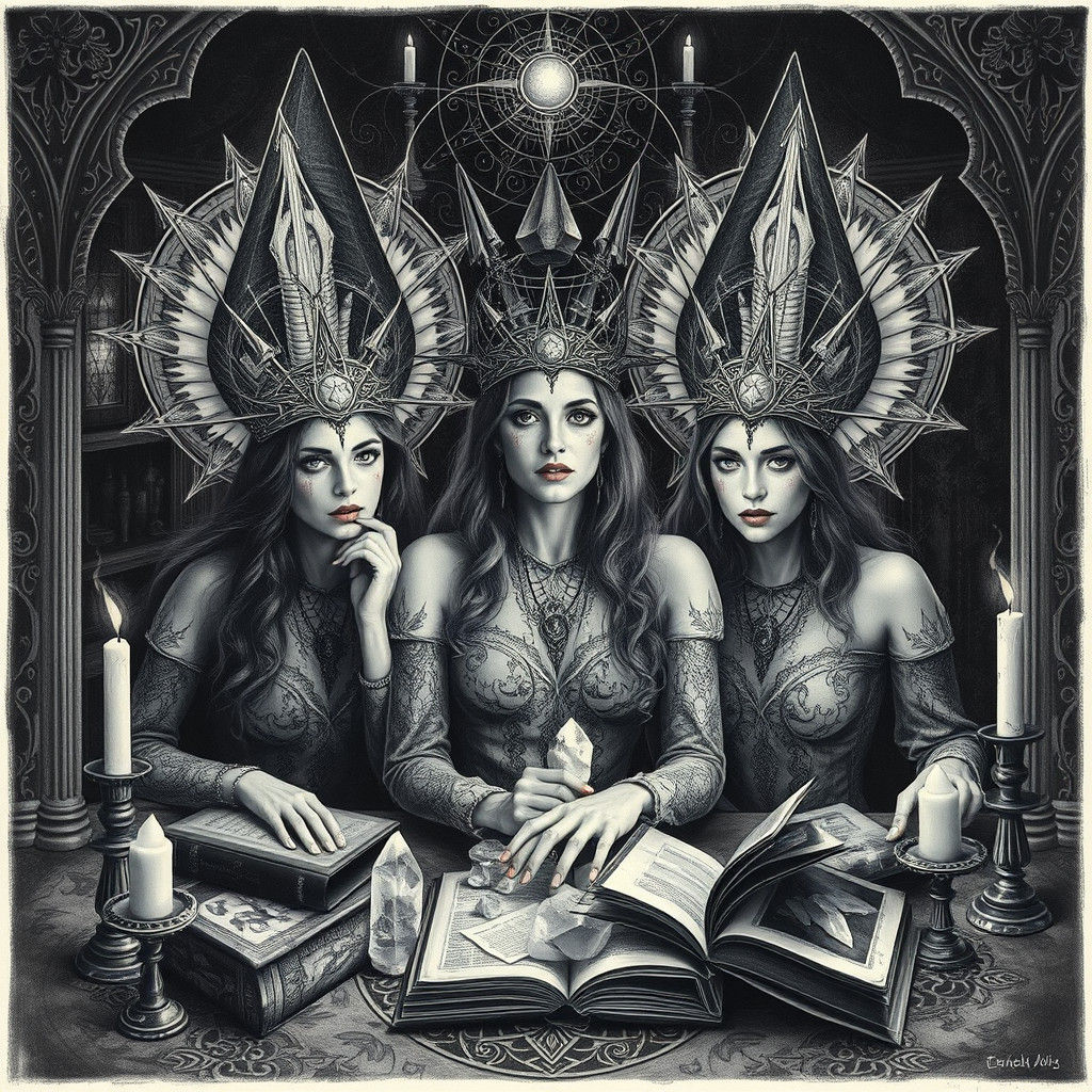 Mystical Women in Eerie Chamber, Charcoal Drawing