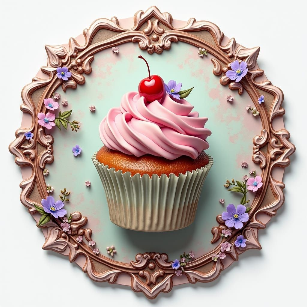 Elegant Floral Cupcake Sticker Design in Fantasy Style