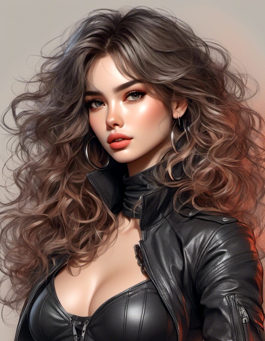 Anime Sketch Portrait of Curvy Girl in Leather