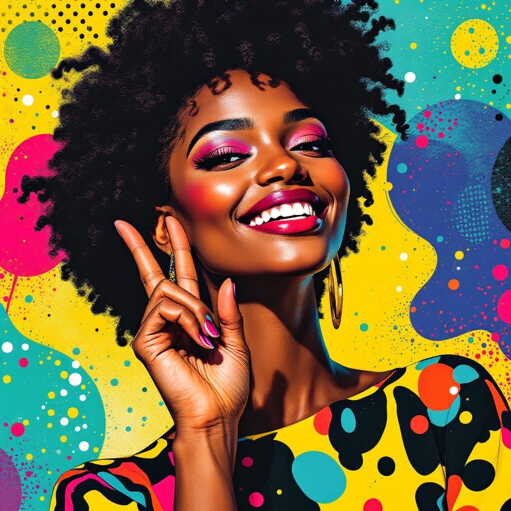 Vibrant Pop Art Portrait of a Young Black Woman Giving a Pea...