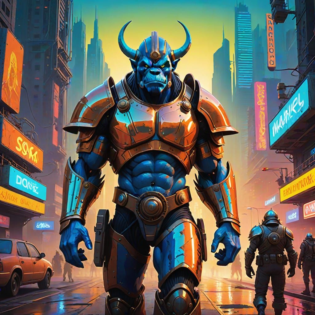 Cyberpunk Orc Warriors Sprint Through Neon-Lit Space City St...