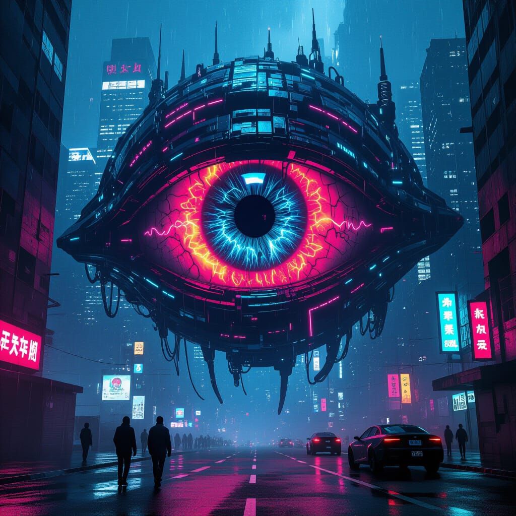 Cyberpunk Eldritch Eye Creature in Futuristic Cityscape