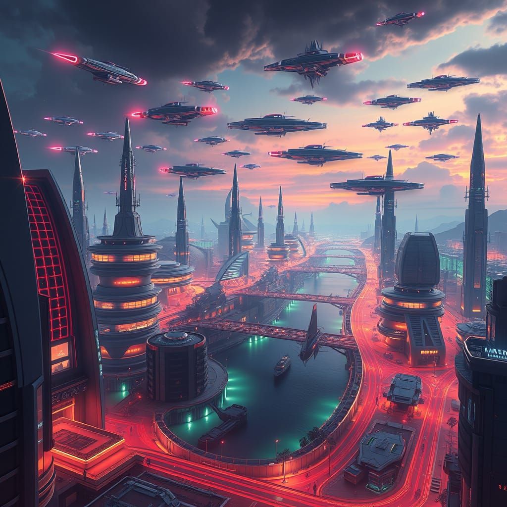 Futuristic Lemurian Cityscape with Star Fleet, Matte Paintin...