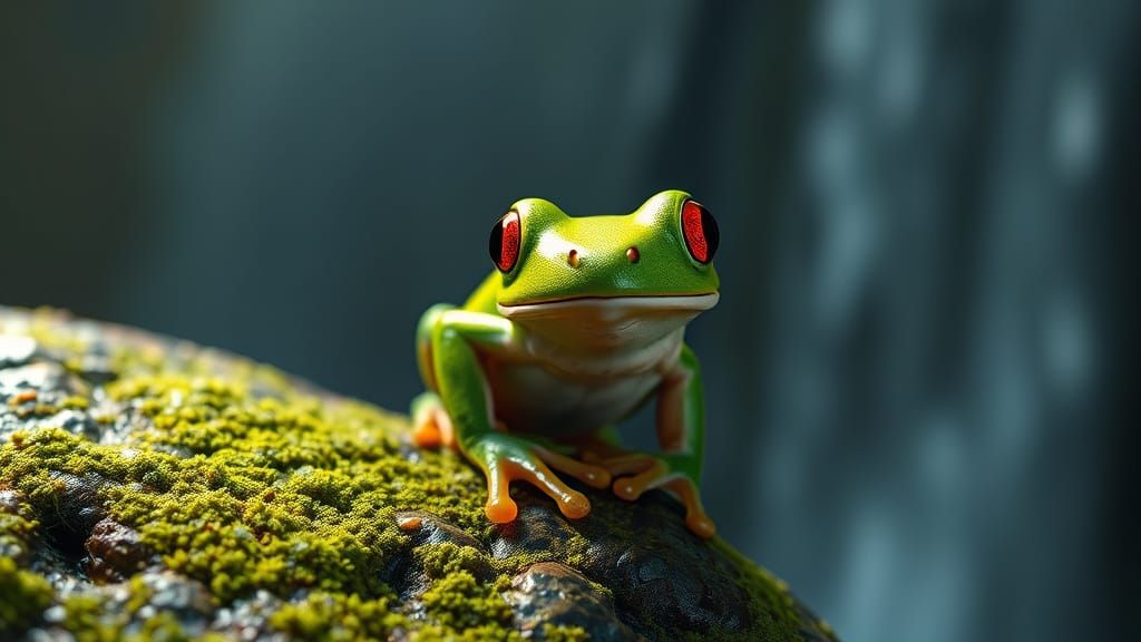 Vibrant Green Frog with Red Eyes, Perched on a Misty Waterfa...