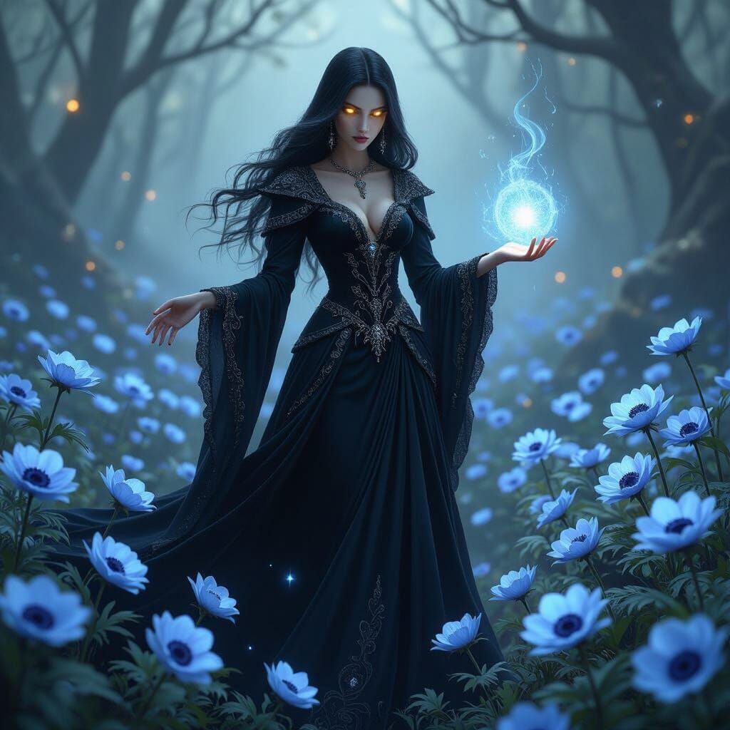 Dark Sorceress in Glade of Glowing Anemones