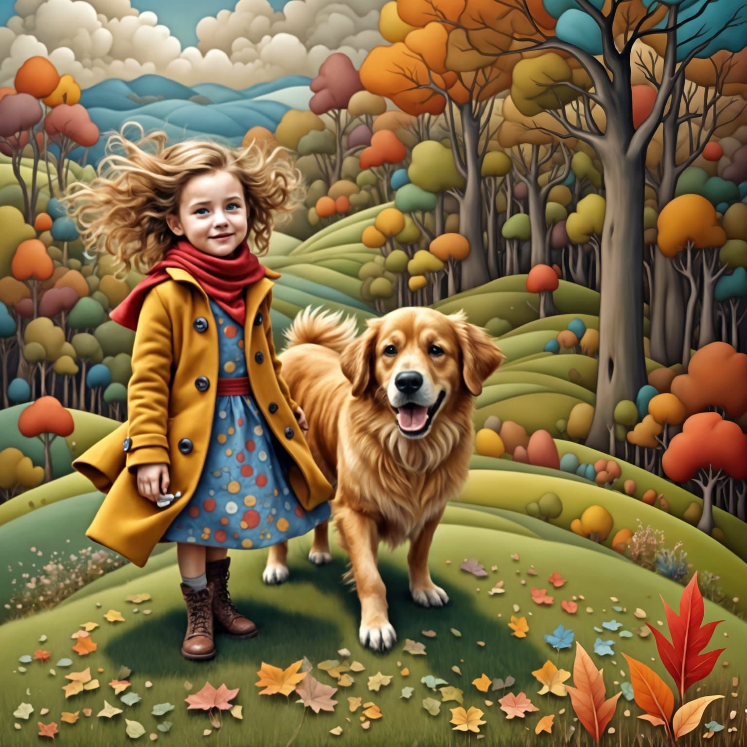 Girl in Autumn Coat Walking Her Dog on a Windy Hill