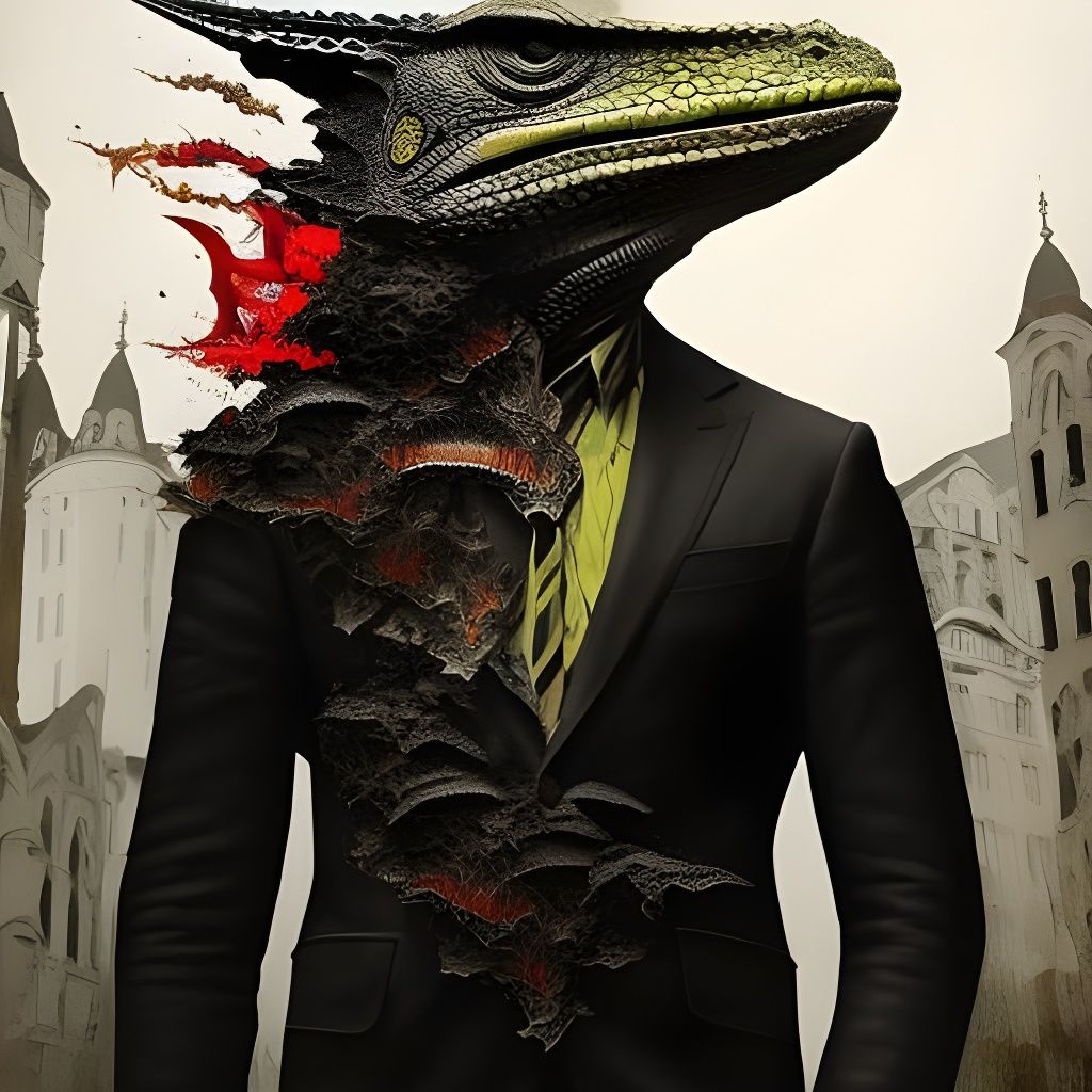 Fiery Lizardman Portrait in Mixed-Media Collage
