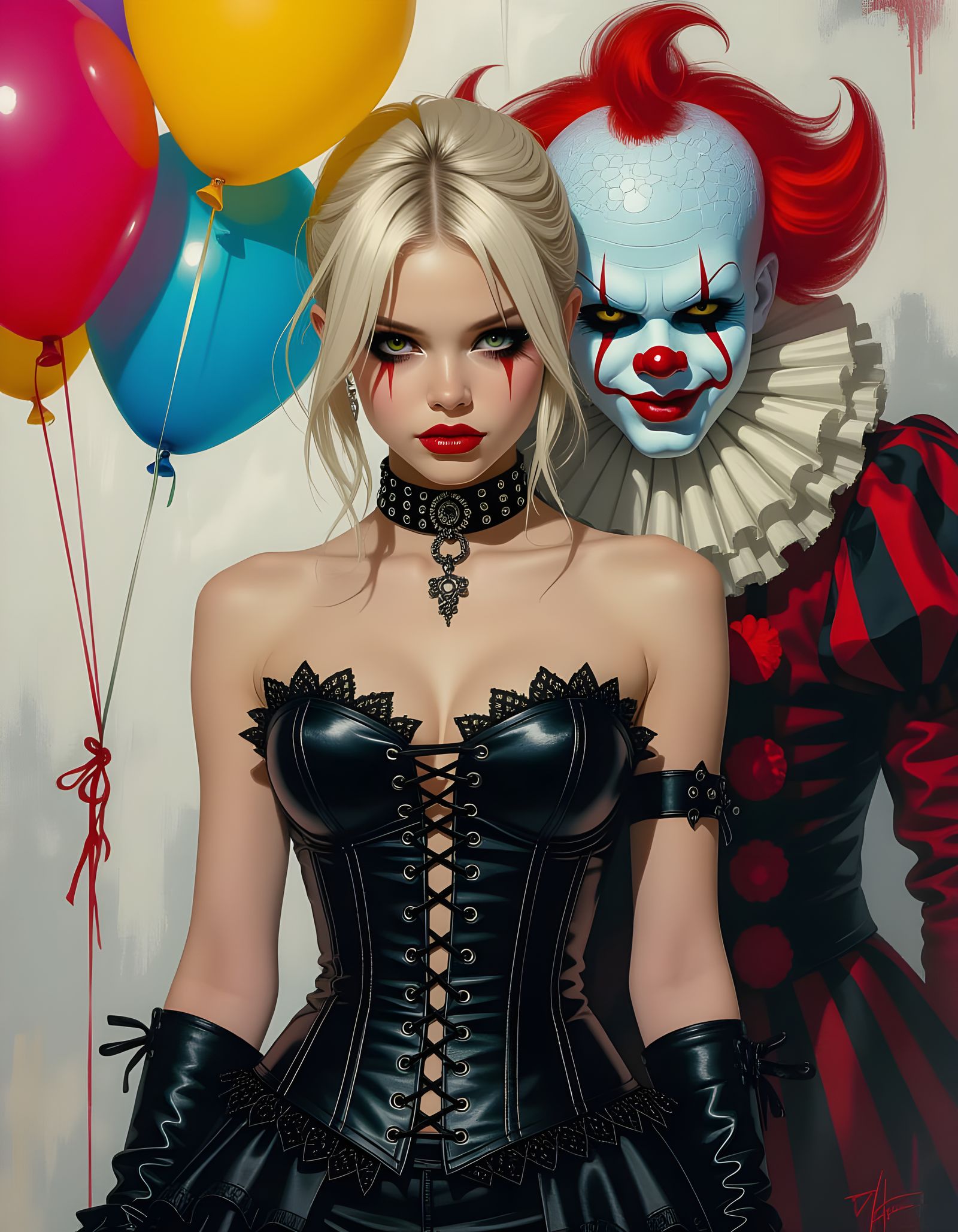 Gothic Horror: Punk Girl and Clown in Shadows