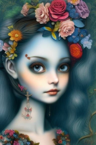 Girl with Flowers, Whimsical Lowbrow Style, 8k 3d