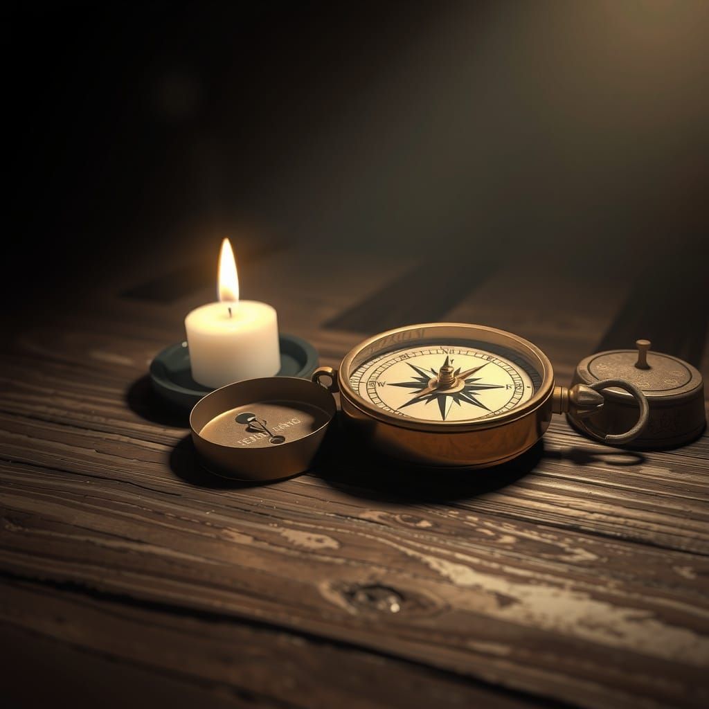 Vintage Compass and Burning Candle on Wooden Table