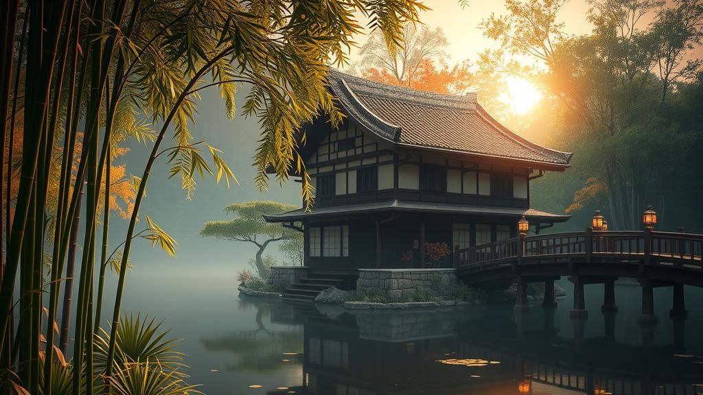 Japanese House in Bamboo Grove with Pond: Fantasy Art