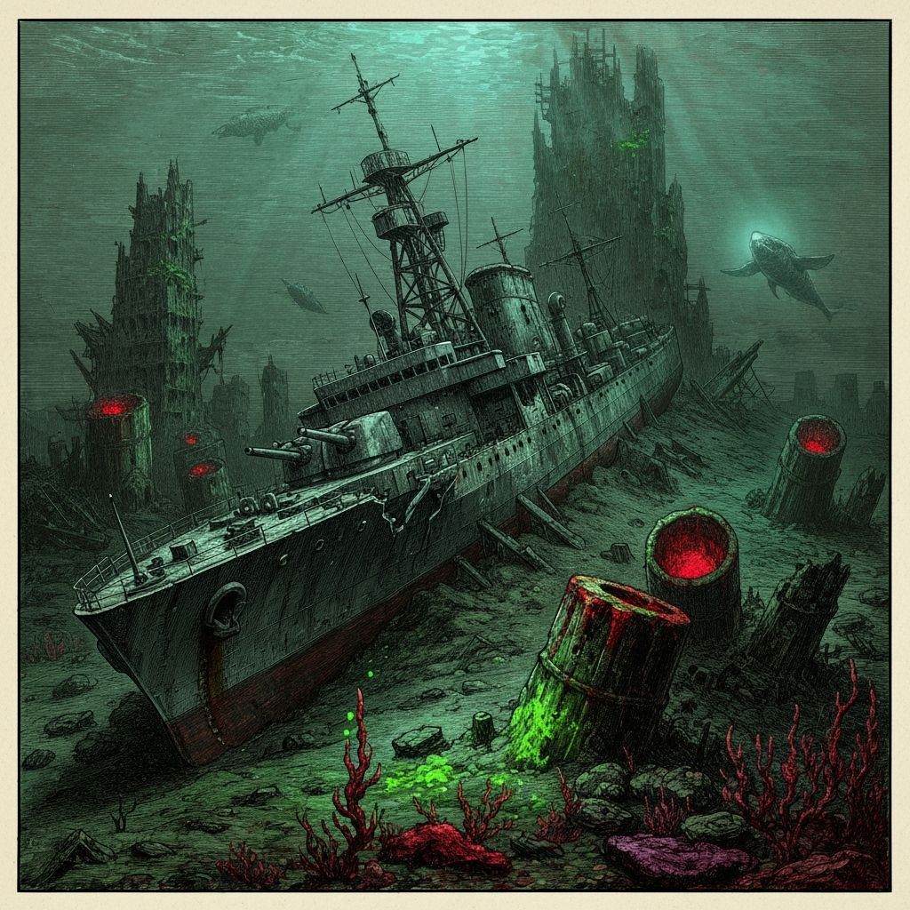 Decaying Underwater City in Woodcut Engraving Style