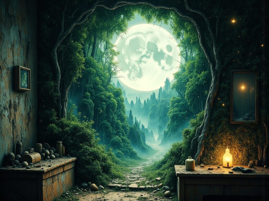 Ethereal Portal to Mythical Forest on Full Moon Night