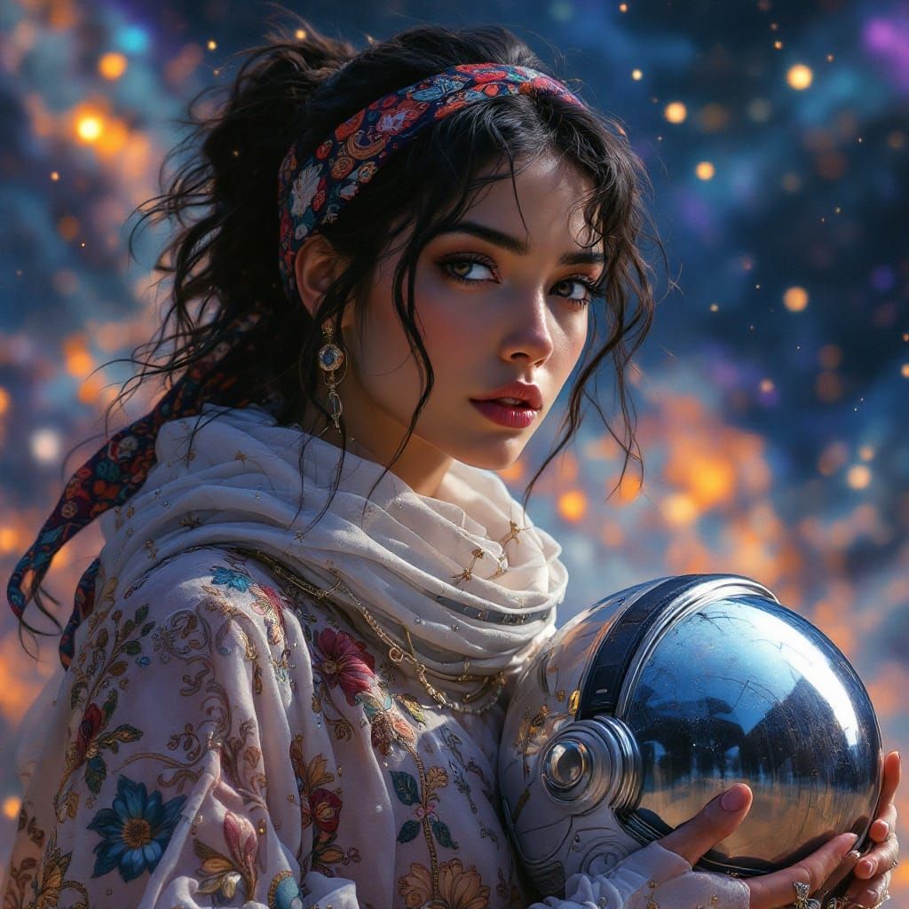 Cosmic Gypsy: Mucha-Inspired Space Explorer