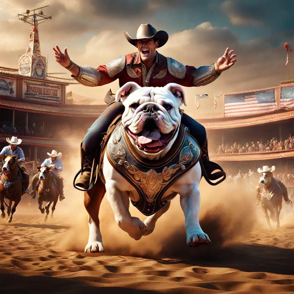 Bulldog Rides Bull in Rodeo: Digital Art