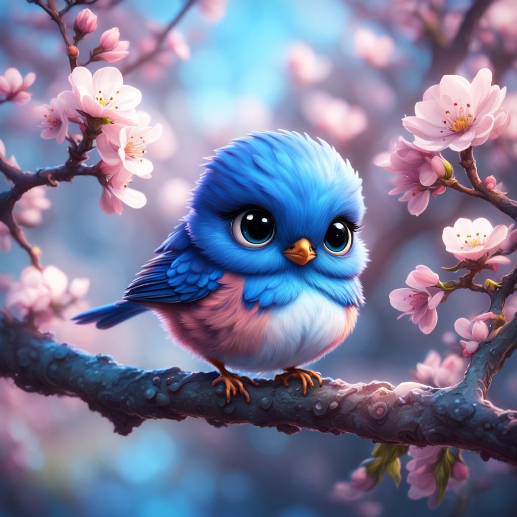 Adorable Chibi Bluebird on Pink Blossom Branch