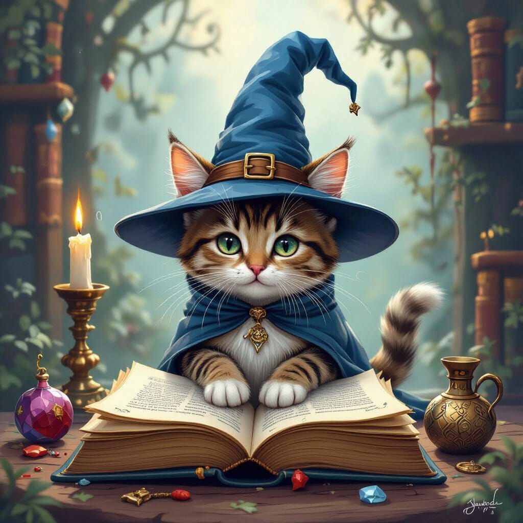 Whimsical Cat Wizard in Magical Setting