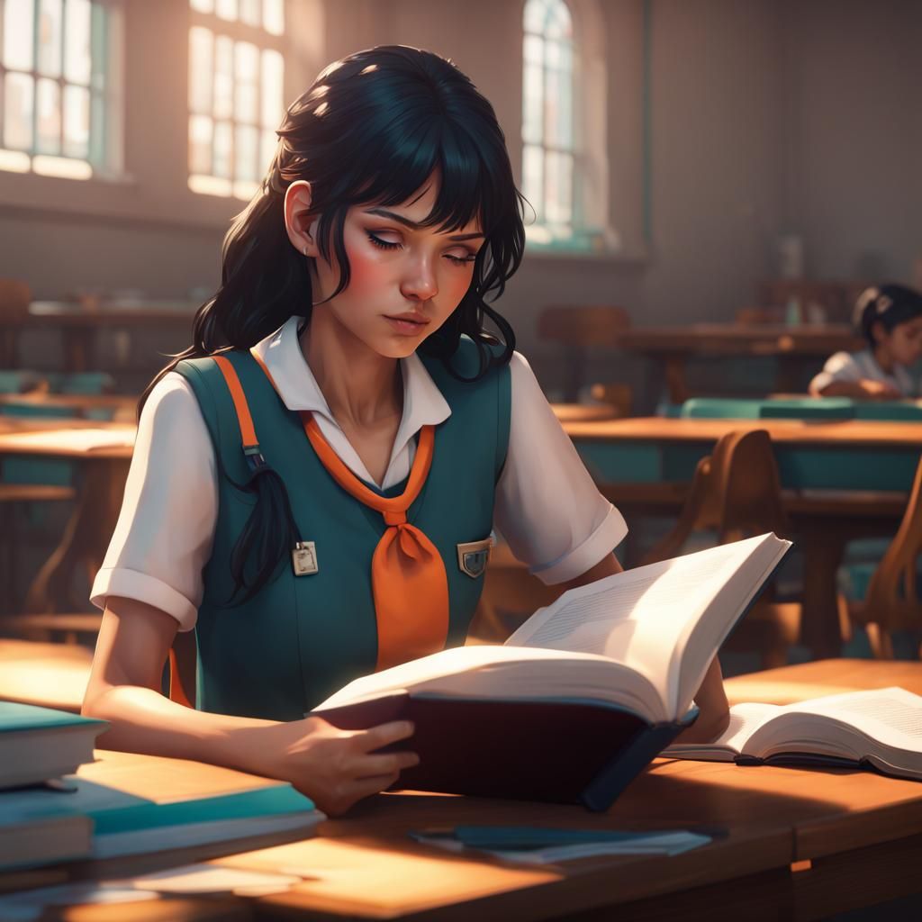 Student Immersed in Book, Art Nouveau Style