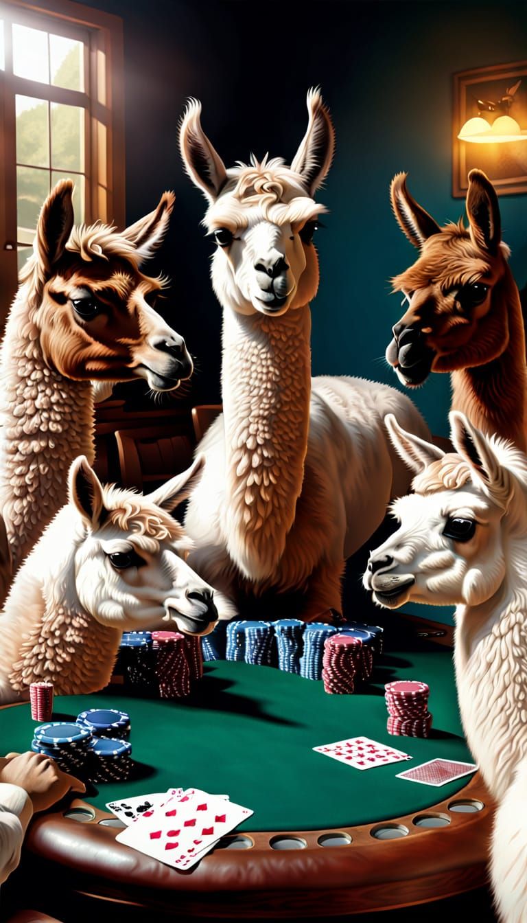 Llamas Play Texas Hold'em Poker in Noon Sunlight