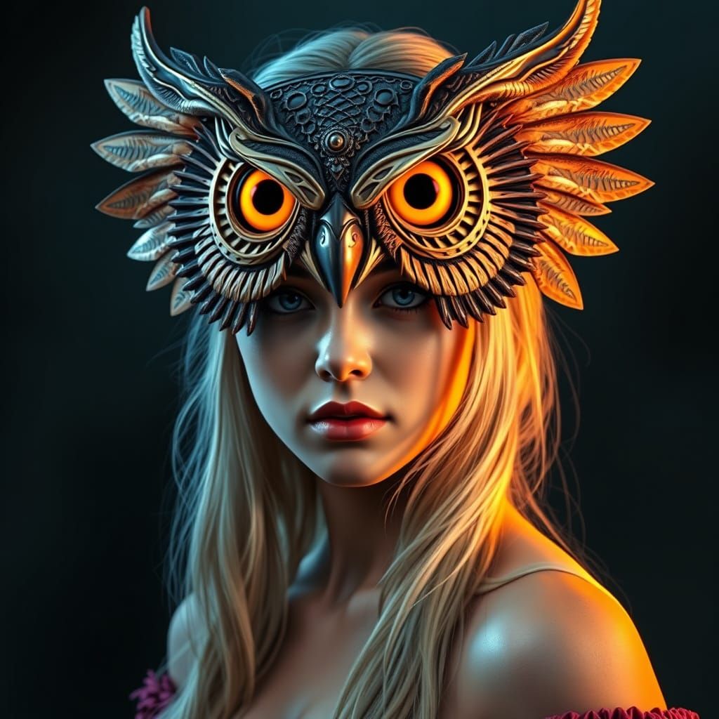 Blond Woman with Owl Mask: Fantasy Realism Portrait