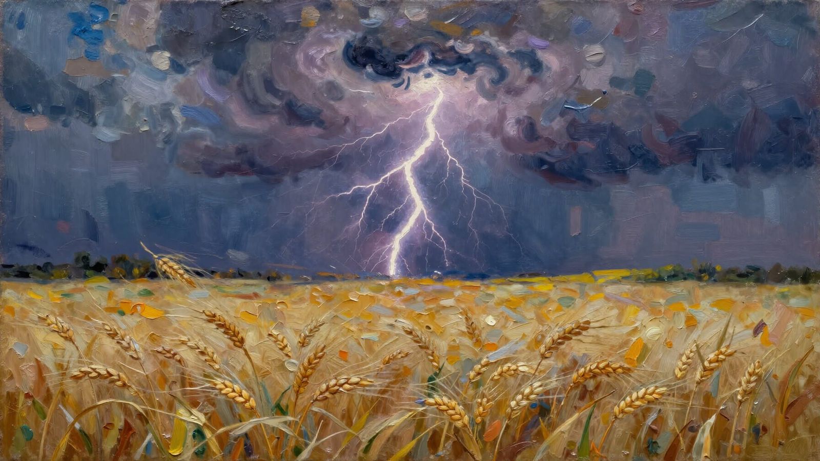 Impasto Painting Of A Thunderstorm Over A Wheat Field