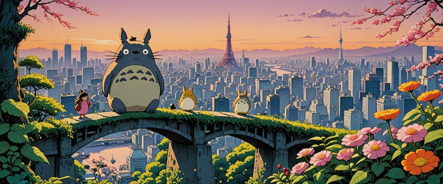 Totoro Overlooking Tokyo in Watercolor Comic Style