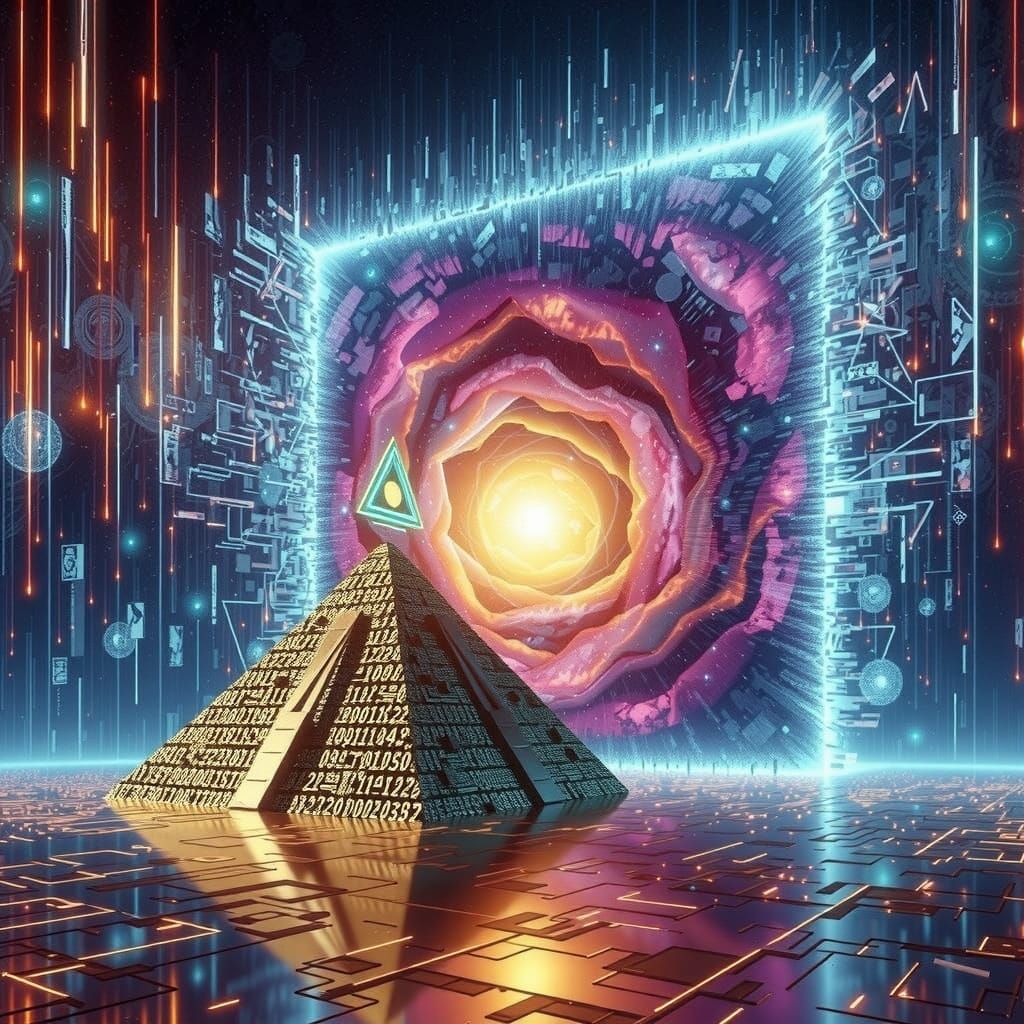 Digital Pyramid in Space with Binary Code and Neon Circuits