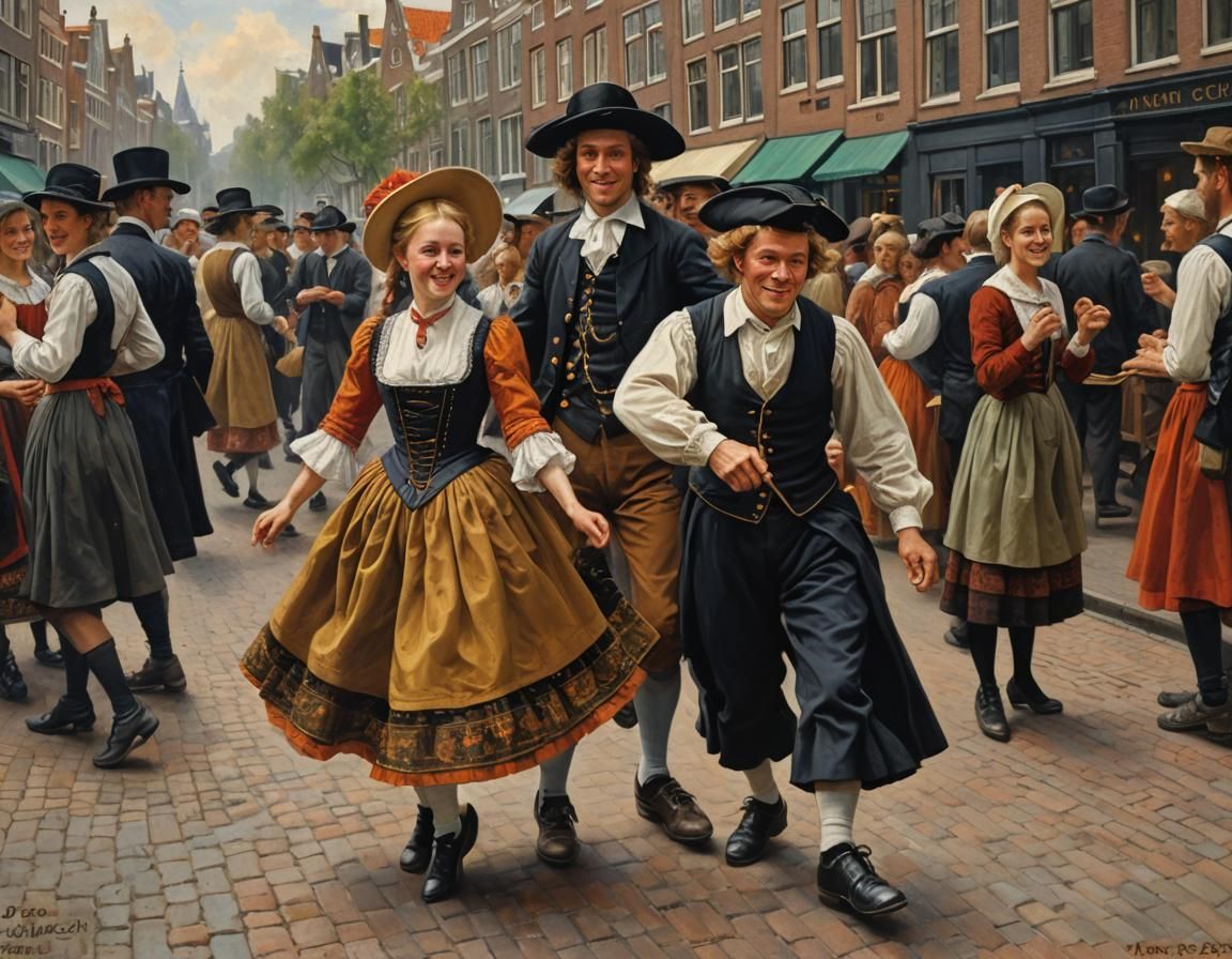 Dancing Dutch Children in Amsterdam: Oil Painting
