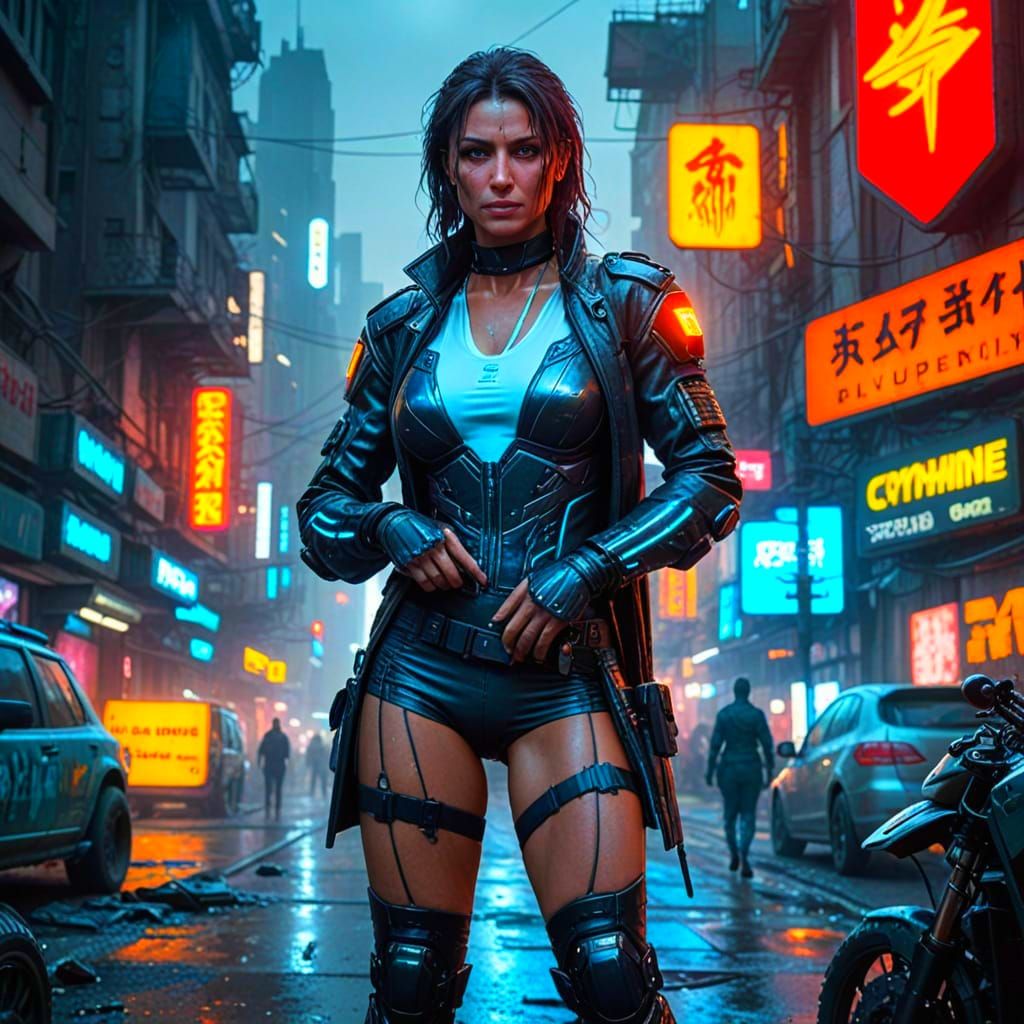 Cyberpunk Ghost Hunteress in Neon-Lit Cityscape