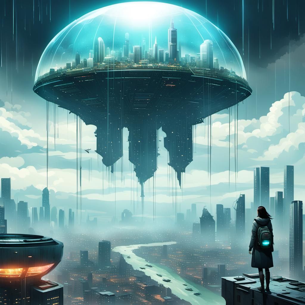 Cyberpunk City in the Sky With Capsule