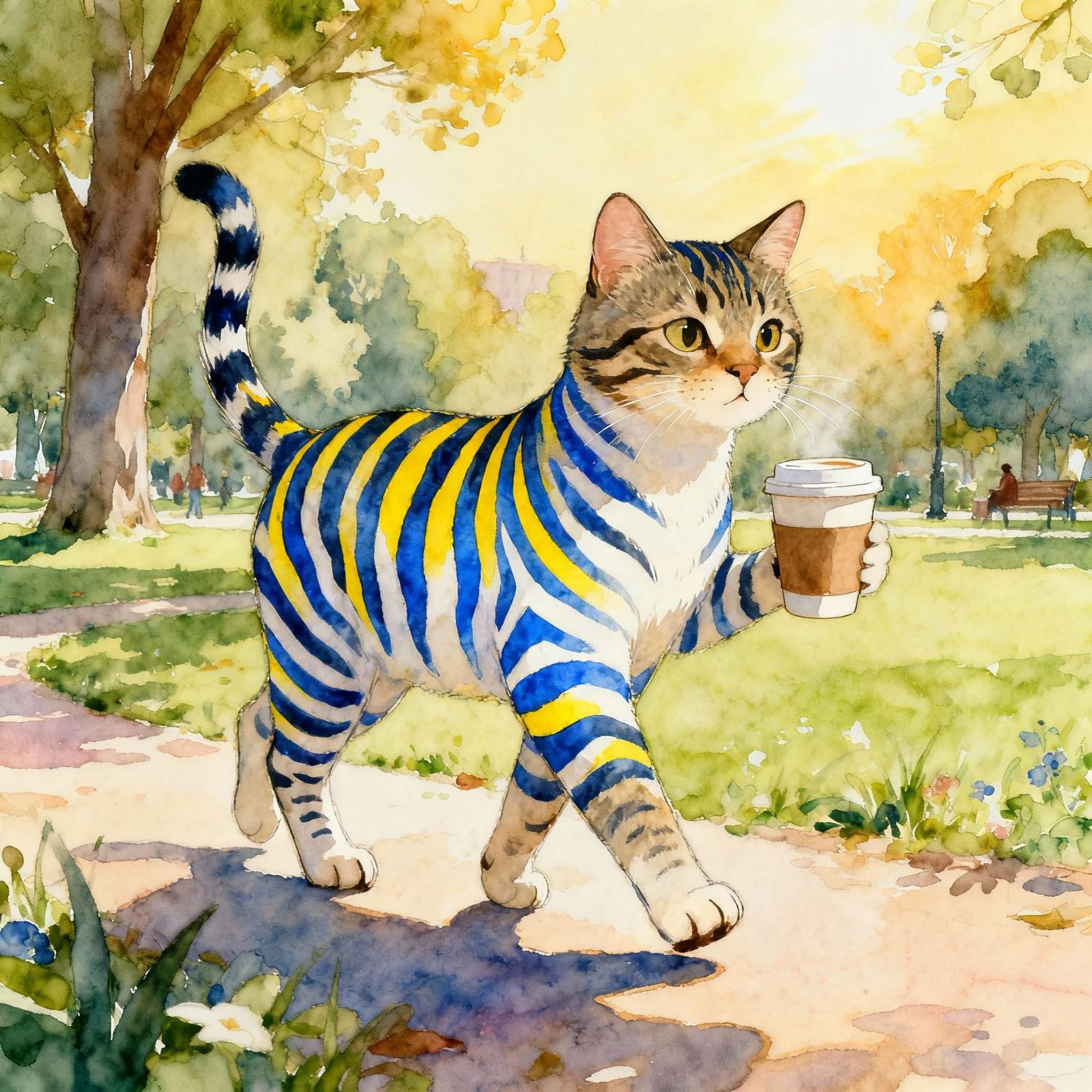 Tabby Cat with Zebra Stripes Carries Coffee in Park
