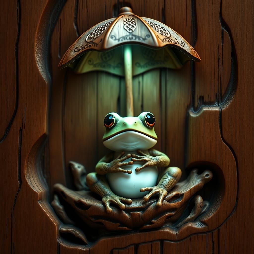 Adorable Glowing Frog Under Umbrella: Digital Wood Carving