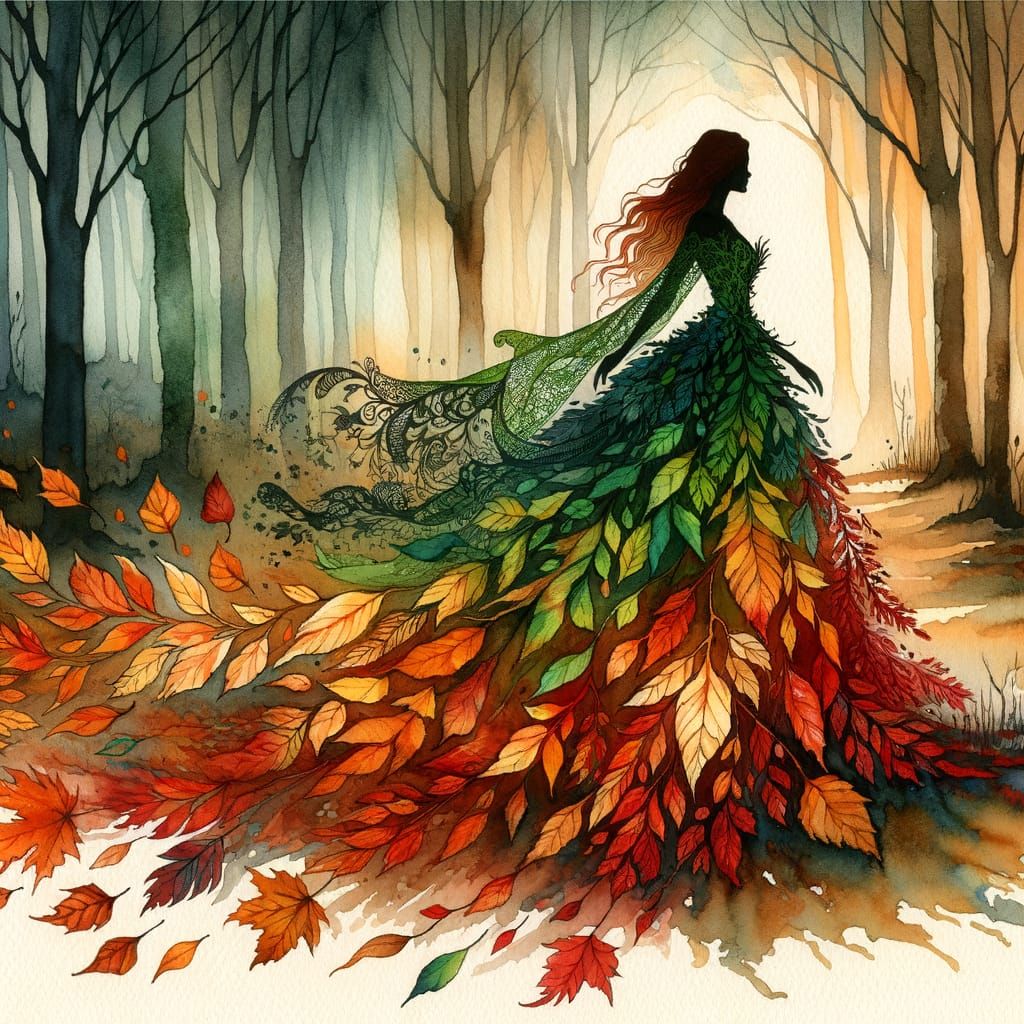 Autumn Silhouette in Watercolor Woodland