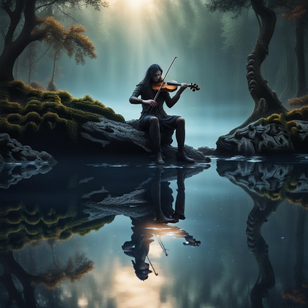 Water Sprite Plays Violin in a Misty Fantasy Forest