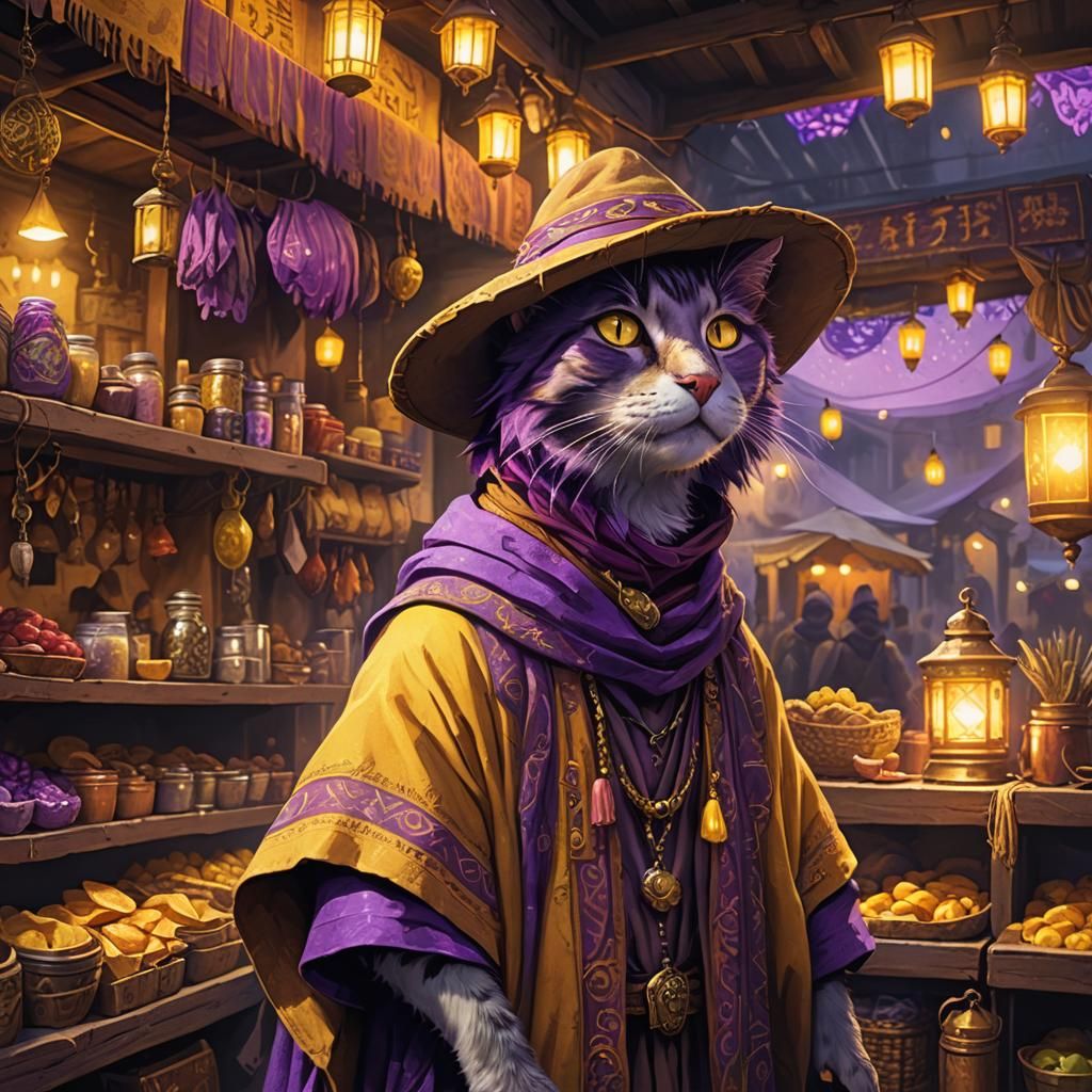 Purple Haired Cat Merchant in Fantasy Art Style