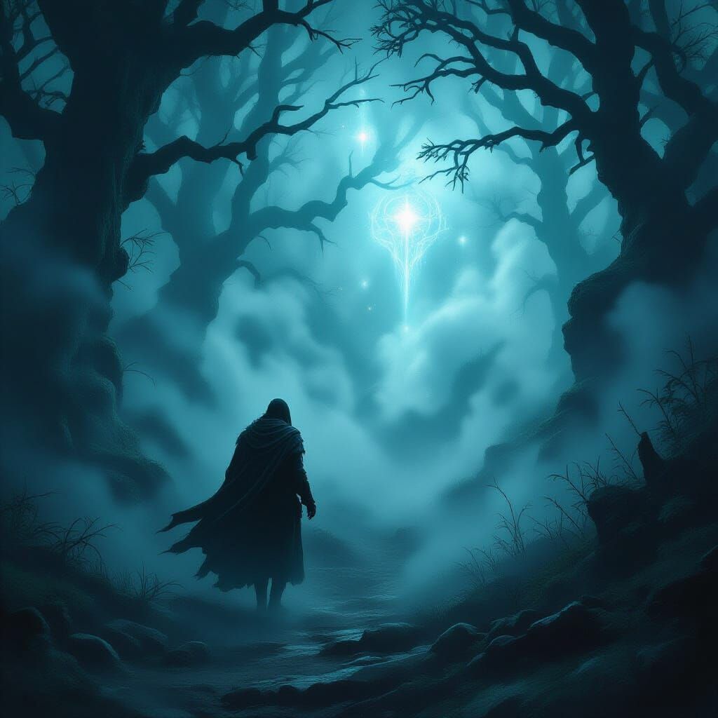 Lost Traveler Finds Glowing Runes in Misty Fantasy Forest
