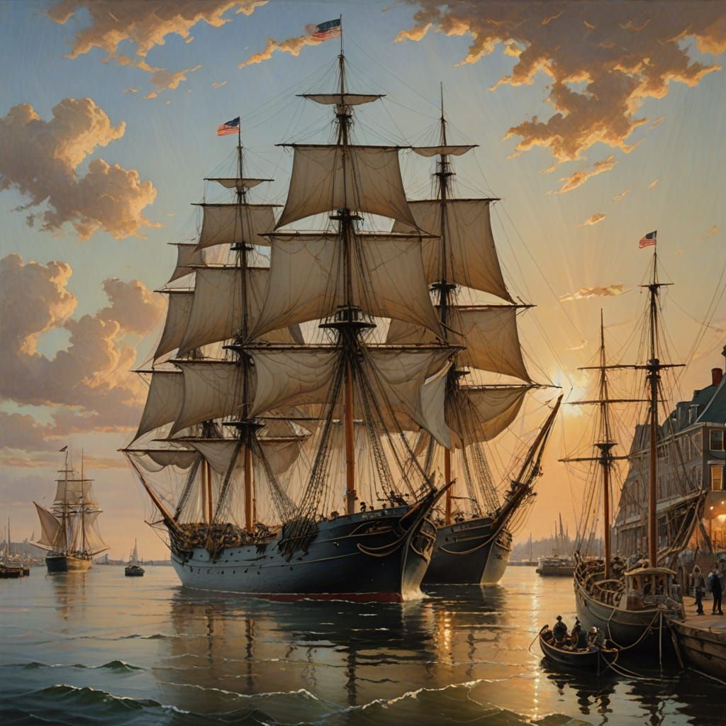 Whaling Ships in New Bedford Harbor: Maritime Oil Painting