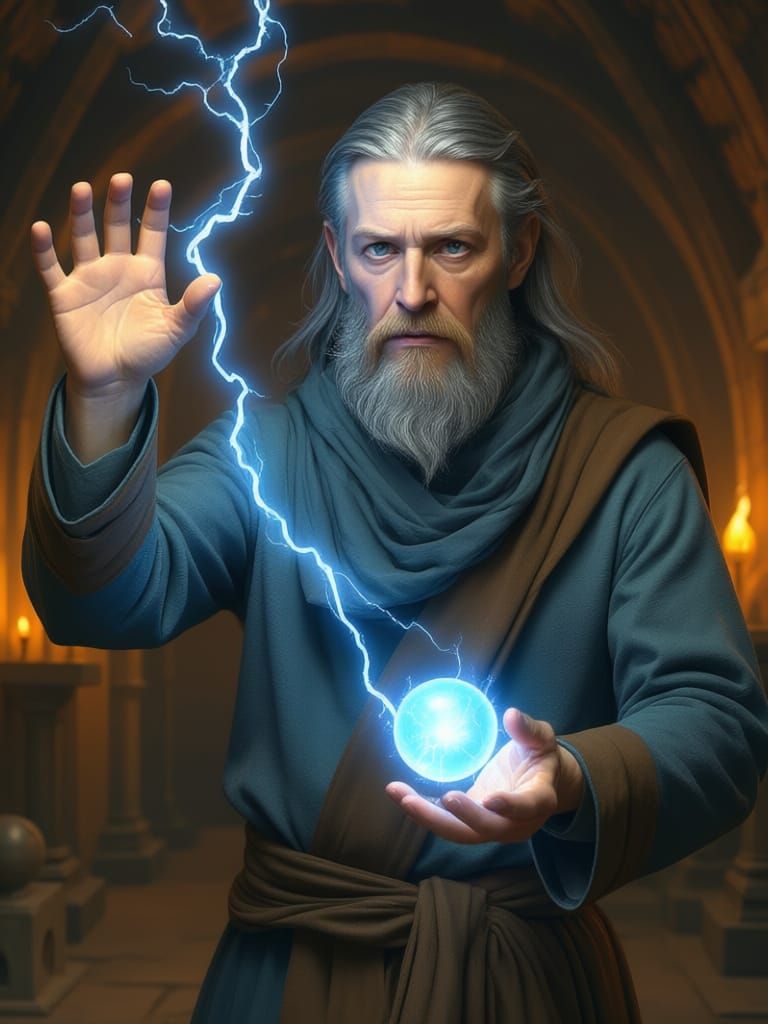 Concentrating Magician Casting Lightning Spell in Ancient Cr...