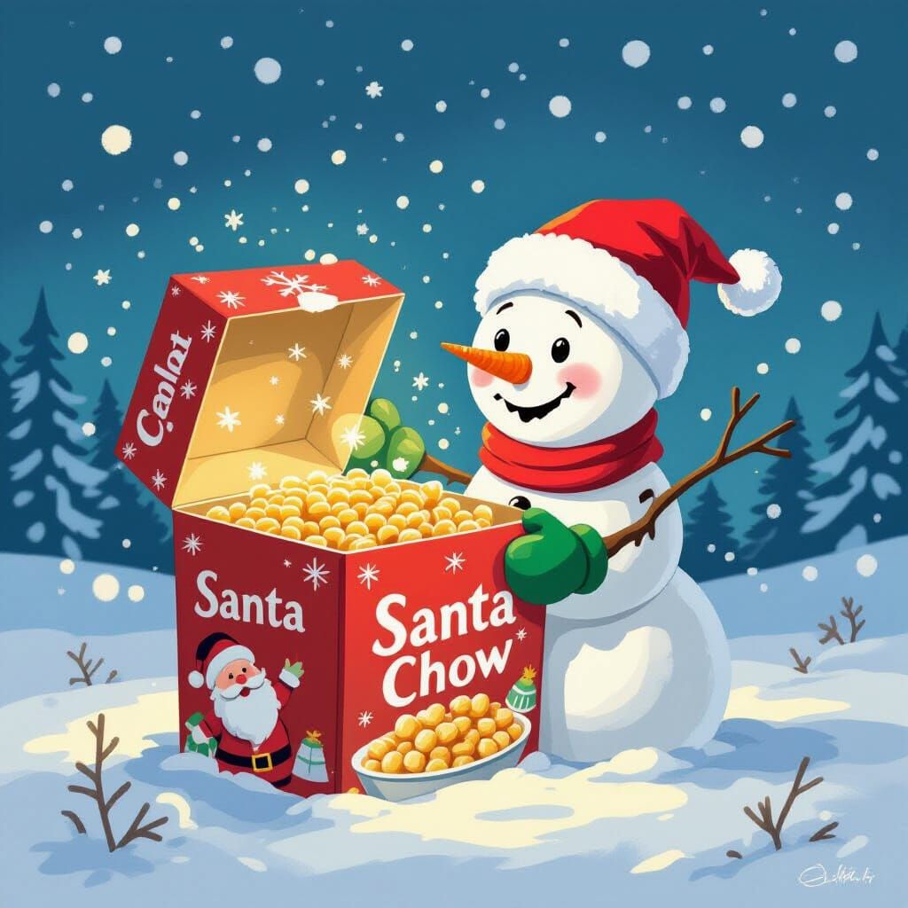 Cheerful Snowman Opens Hyper-Detailed 'Santa Chow' Cereal Bo...