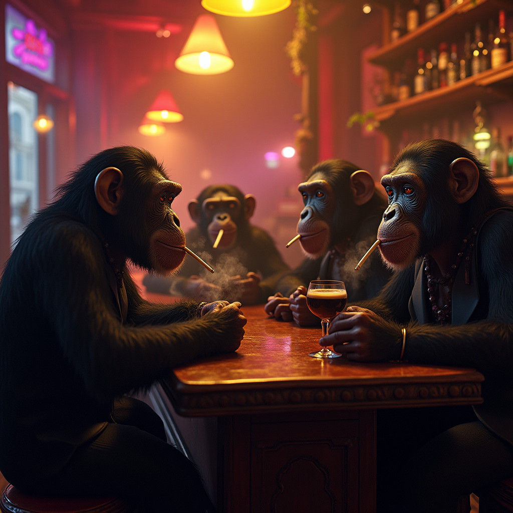 Chimpanzees Smoking in Amsterdam Bar, Oil Painting