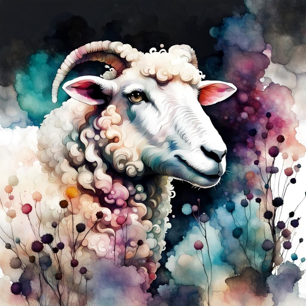 Fluffy Sheep in Dreamlike Watercolour Illustration